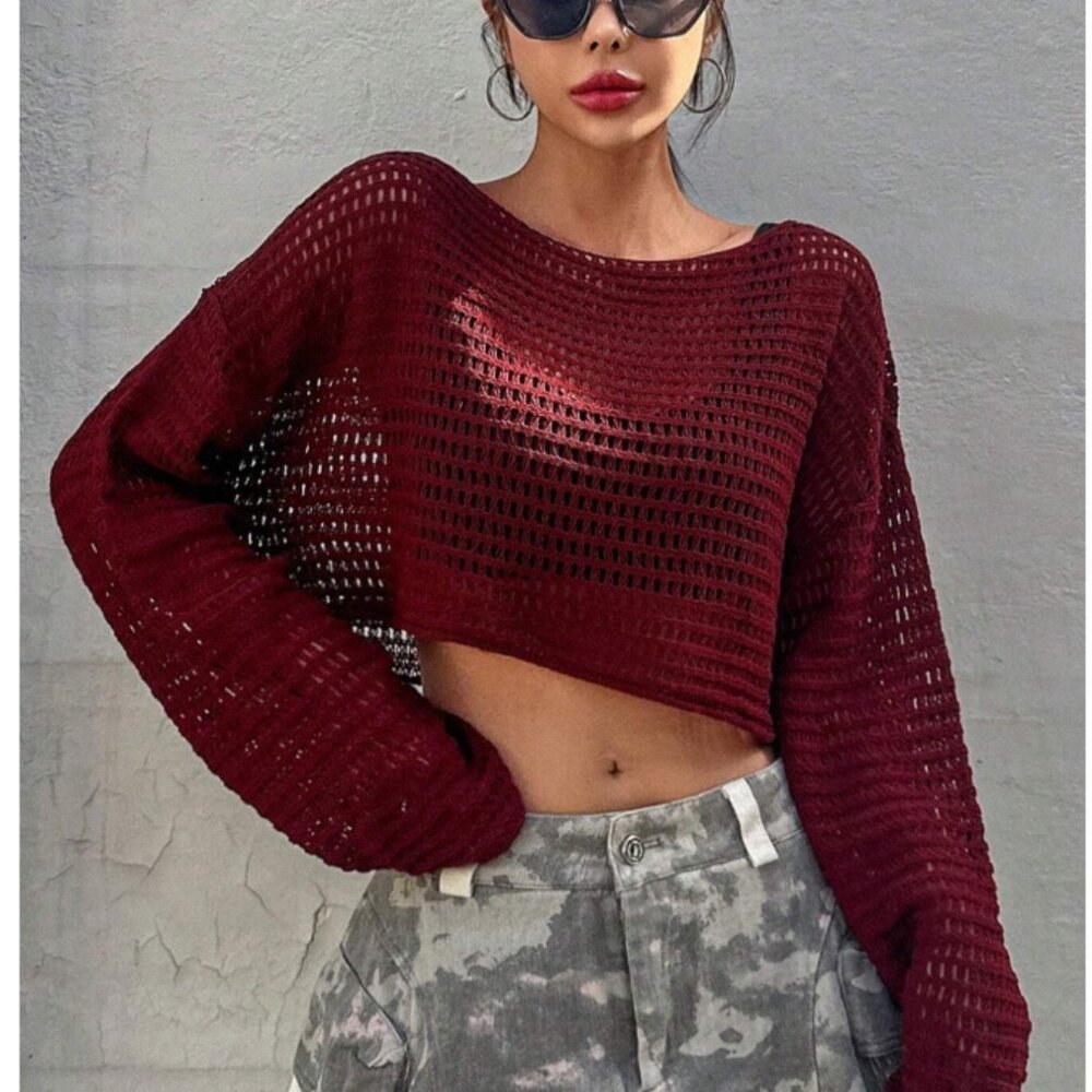 💚 Burgundy Hollow Knit Cropped Sweater | Oversized Fit | Size M